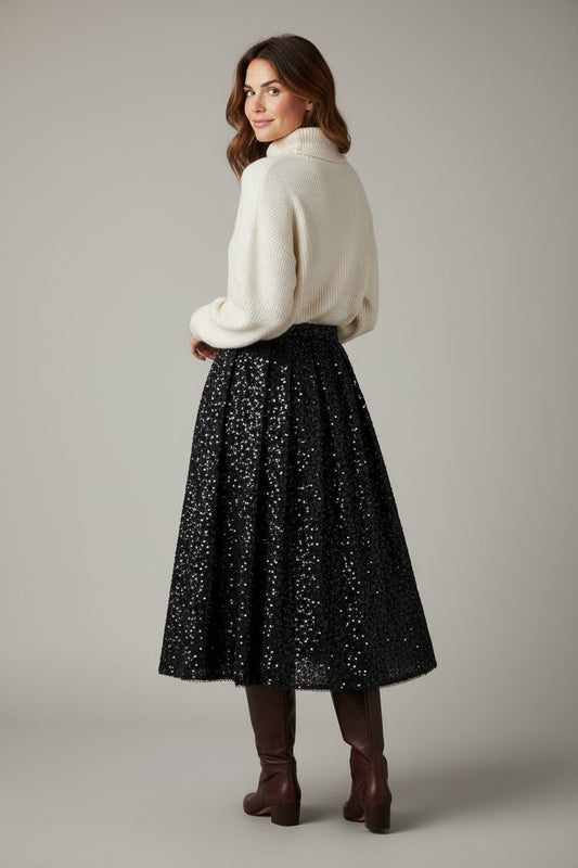 In autumn, this black high-waisted skirt, adorned with beads, sequins, and pleats, is perfect for attending banquets.ļ¼SAW0014ļ¼