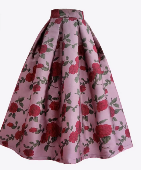 Women's High-waist Flared Umbrella Skirt-Vintage Rose Embroidery. (SSS0034)