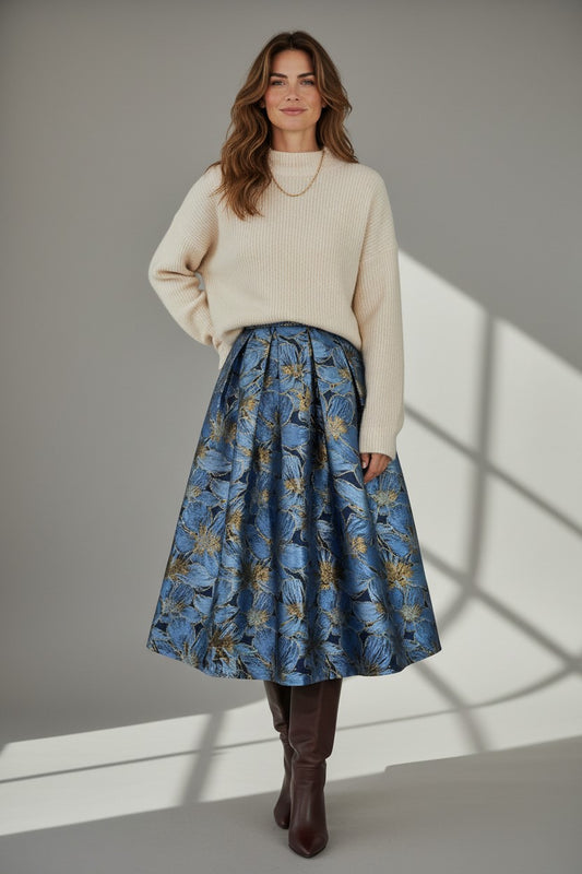 Elegant Puff Midi Skirt-Blue and Gold Jacquard High-Waist Skirt for Women (SAW0018)