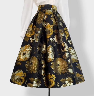 Luxurious Black Jacquard Puff Skirt- Autumn Floral A-Line Midi Skirt(SAW0019)