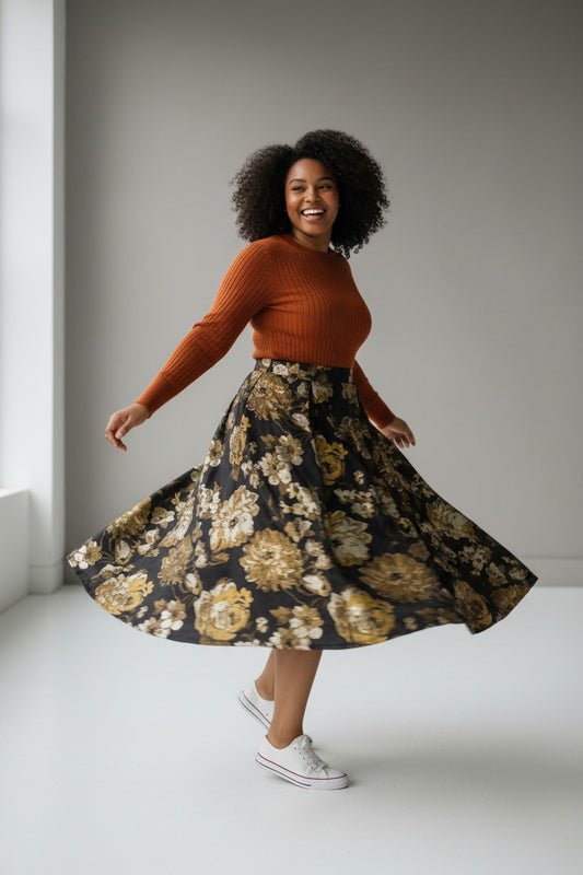 Luxurious Black Jacquard Puff Skirt- Autumn Floral A-Line Midi Skirt(SAW0019)