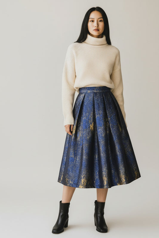 Women's Vintage Embroidered High-Waist Midi Puff Skirt-Slimming Hepburn-Style Skirt (SAW0022)