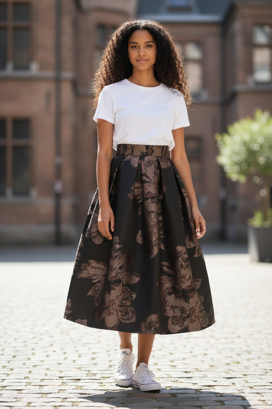 Luxury Satin Jacquard Midi Skirt-Original Design Autumn Elegant Skirt (SAW0023)