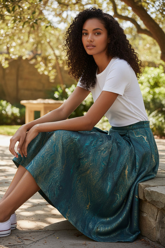 Women's Vintage Ink-Green High-Waist Puff Skirt-Printed A-Line Midi Skirt (SAW0024)