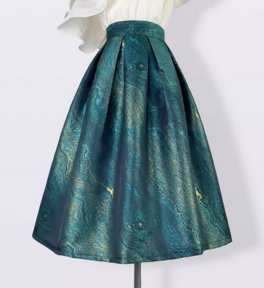 Women's Vintage Ink-Green High-Waist Puff Skirt-Printed A-Line Midi Skirt (SAW0024)