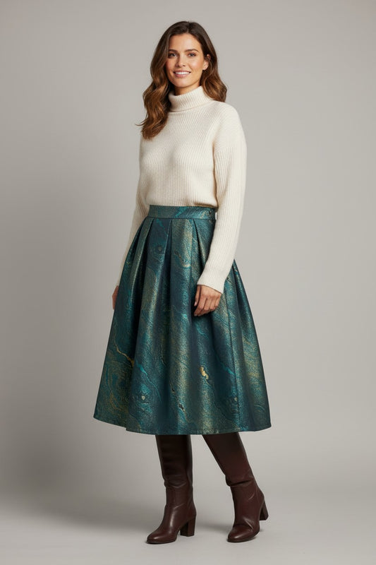 Women's Vintage Ink-Green High-Waist Puff Skirt-Printed A-Line Midi Skirt (SAW0024)