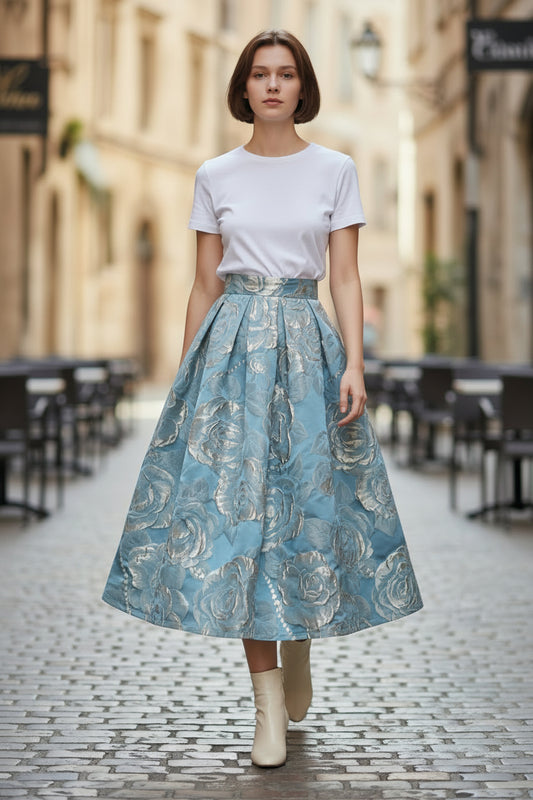 High-waisted, refined, jacquard weave, polyester fabric, midi skirt,suitable for Spring (SSS0013)