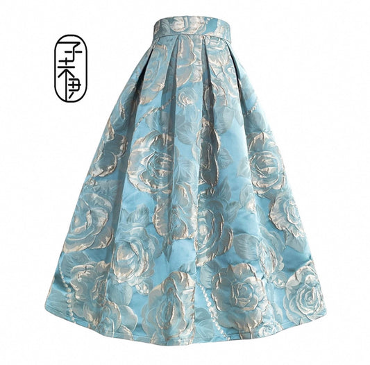 High-waisted, refined, jacquard weave, polyester fabric, midi skirt,suitable for Spring (SSS0013)