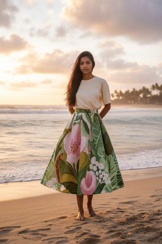 Polyester, lined, oil painting style, high-waisted, spring/summer midi skirt suitable for Spring and Summer. (SSS0010)