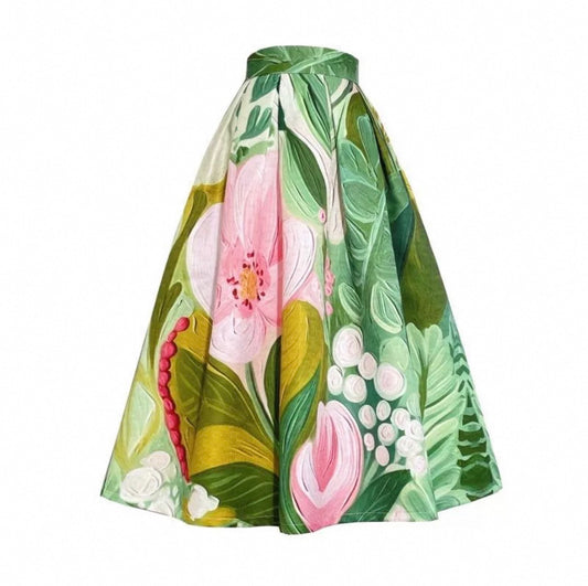 Polyester, lined, oil painting style, high-waisted, spring/summer midi skirt suitable for Spring and Summer. (SSS0010)