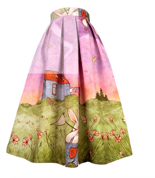 Farm animal print, jacquard weave, polyester fabric, flattering and slimming midi skirt.(SSS001)