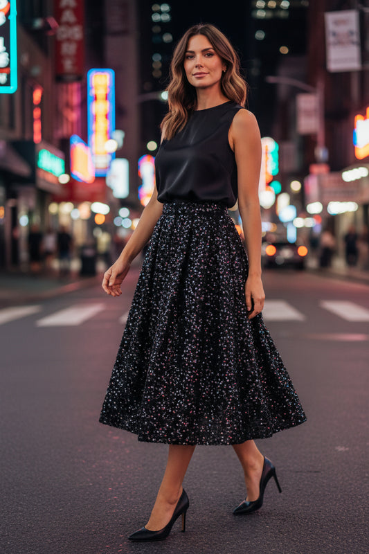 In autumn, this black high-waisted skirt, adorned with beads, sequins, and pleats, is perfect for attending banquets.ļ¼SAW0014ļ¼