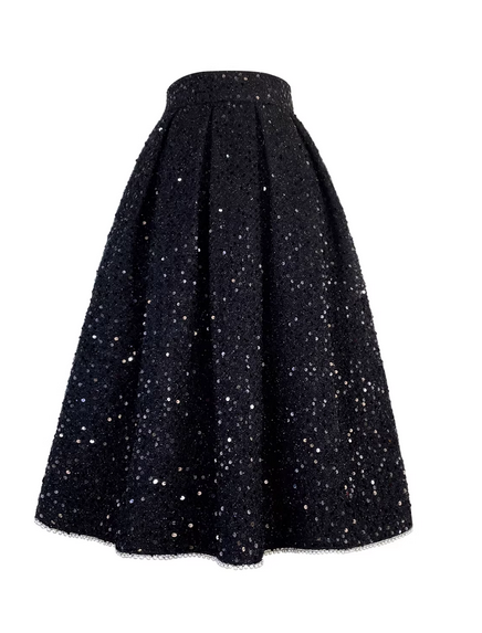 In autumn, this black high-waisted skirt, adorned with beads, sequins, and pleats, is perfect for attending banquets.ļ¼SAW0014ļ¼