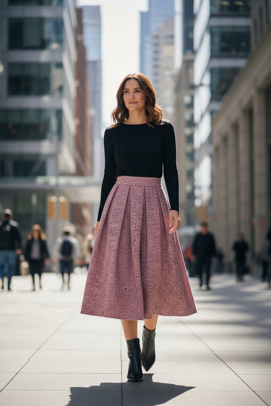 Autumn/Winter style, wool fabric, A-line, high-waisted pleated pink maxi skirt, suitable for casual commuting.(SAW0001)