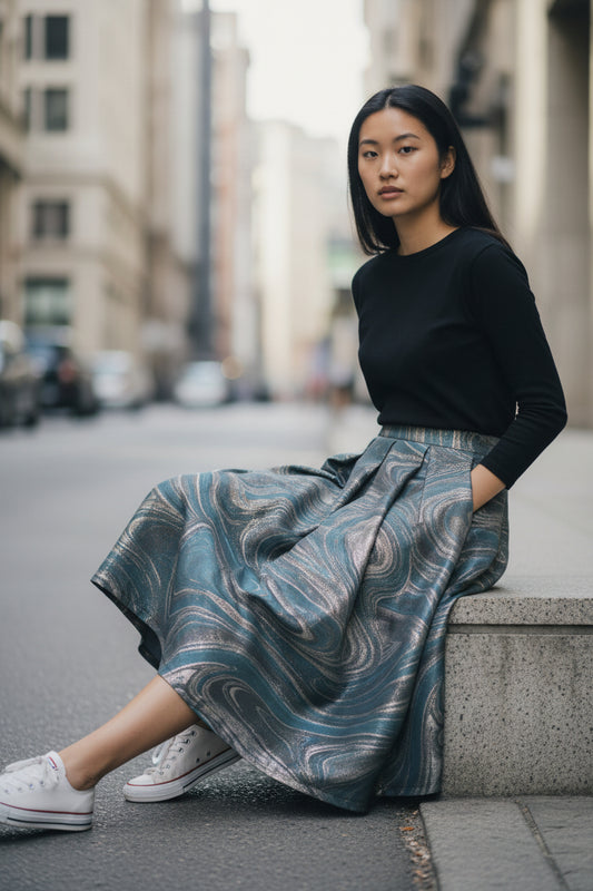 Embroidered details, high-waisted slimming midi skirt with zippered pockets, perfect for spring and autumn. (SSA0002)--Sold Out