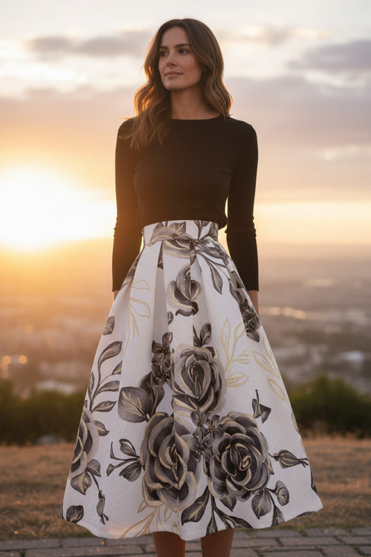 Women's Spring/Summer High-Waisted Black and White Printed Pleated Midi Skirt (SSS0022)
