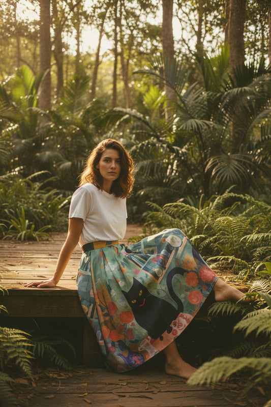 Women's Spring Original Print High-Waisted A-Line Slimming Midi Skirt (SSS0023)