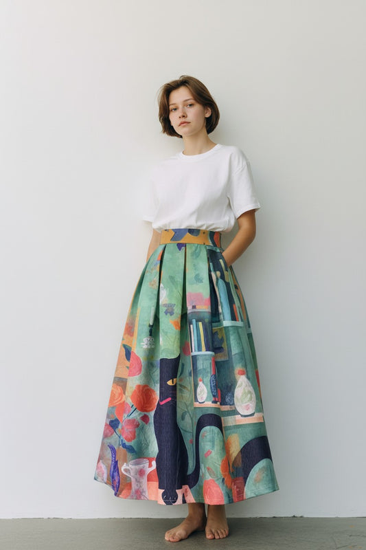 Women's Spring Original Print High-Waisted A-Line Slimming Midi Skirt (SSS0023)