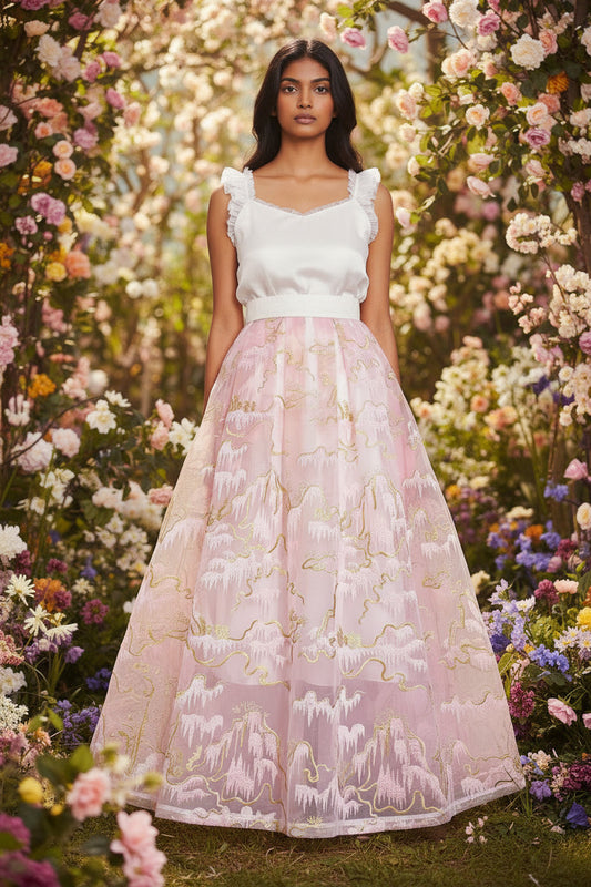 Women's sweet pink embroidered organza high-waist lace skirt for spring and summer (SSS0026)