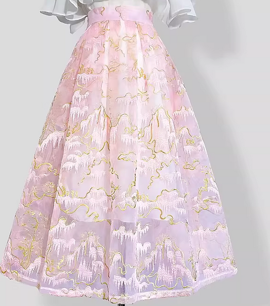 Women's sweet pink embroidered organza high-waist lace skirt for spring and summer (SSS0026)