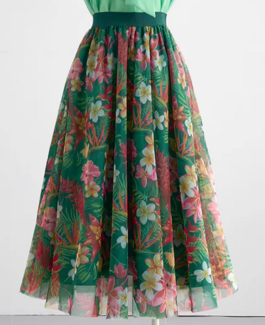 Women's Floral Mesh A-Line Midi Skirt-Elastic Eaist Flowing Skirt (SSS0031)