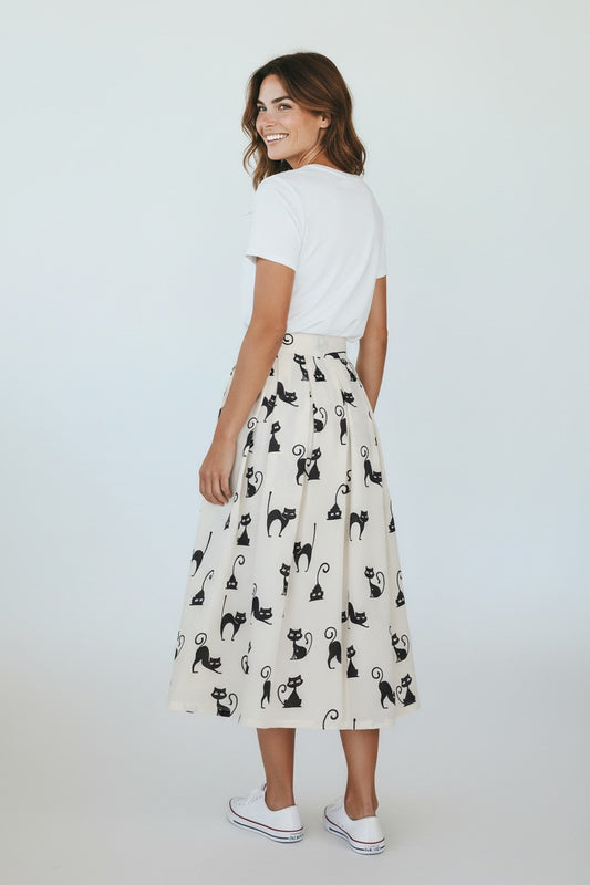 Women's Adorable Black Car Print Midi Skirt-High-Waist Voluminous Flared Skirt (SSS0033)