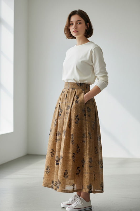 Women's Vintage Embroidery Midi Skirt-Wide Hem Artistic A-Line Skirt (SSS0028)