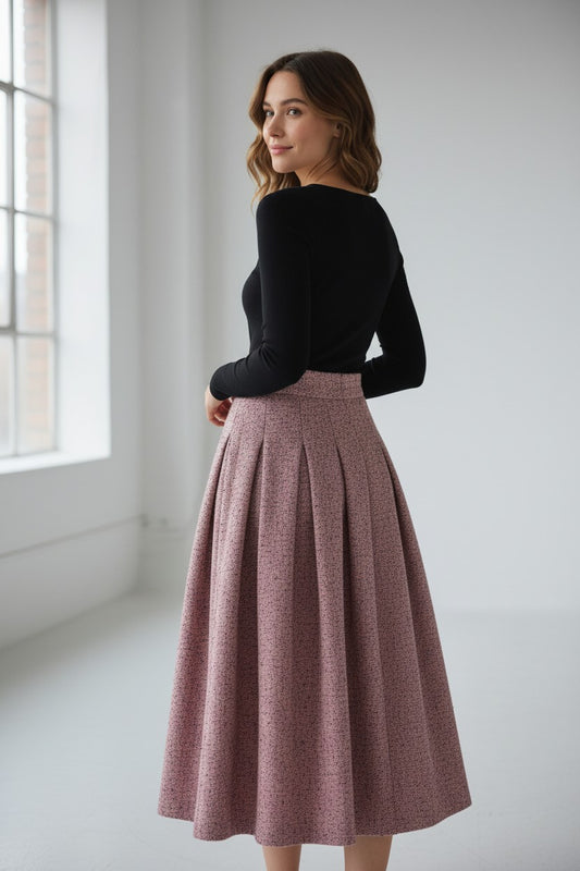 Autumn/Winter style, wool fabric, A-line, high-waisted pleated pink maxi skirt, suitable for casual commuting.（SAW0001）