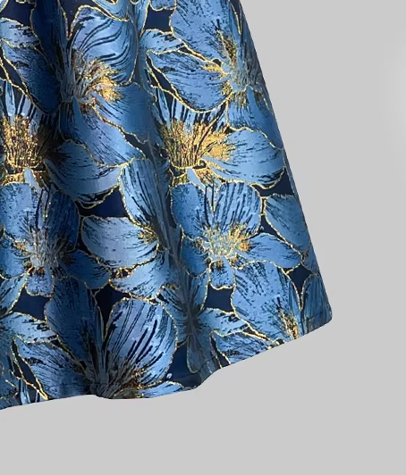 Elegant Puff Midi Skirt-Blue and Gold Jacquard High-Waist Skirt for Women (SAW0018)