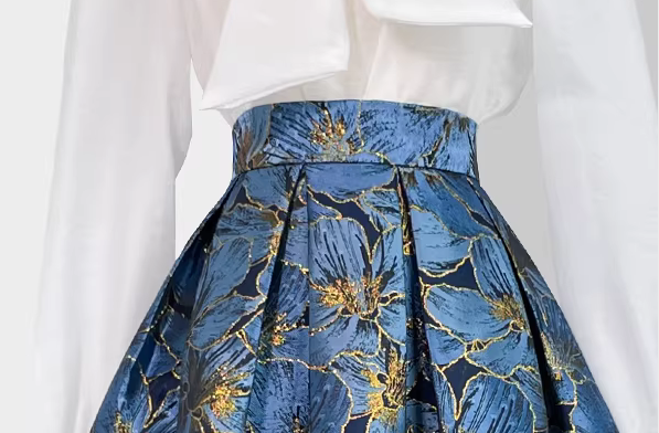 Elegant Puff Midi Skirt-Blue and Gold Jacquard High-Waist Skirt for Women (SAW0018)