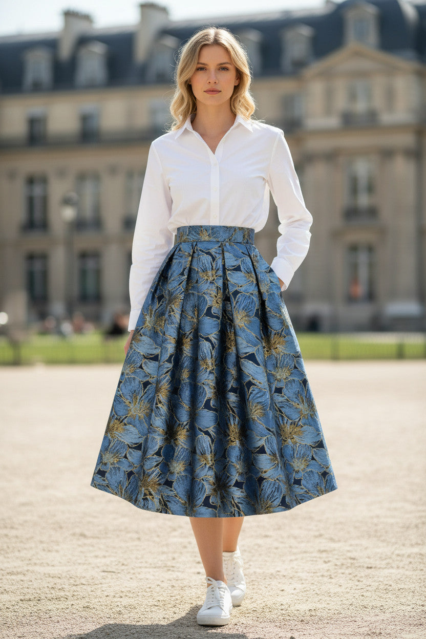 Elegant Puff Midi Skirt-Blue and Gold Jacquard High-Waist Skirt for Women (SAW0018)
