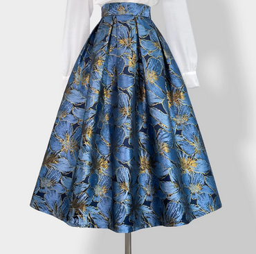 Elegant Puff Midi Skirt-Blue and Gold Jacquard High-Waist Skirt for Women (SAW0018)