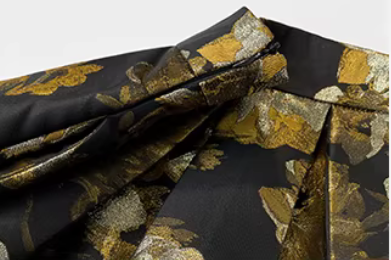 Luxurious Black Jacquard Puff Skirt- Autumn Floral A-Line Midi Skirt(SAW0019)