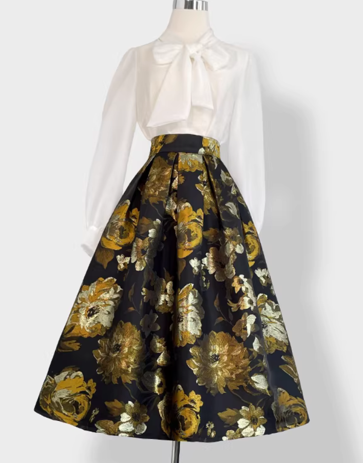 Luxurious Black Jacquard Puff Skirt- Autumn Floral A-Line Midi Skirt(SAW0019)