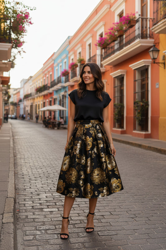 Luxurious Black Jacquard Puff Skirt- Autumn Floral A-Line Midi Skirt(SAW0019)