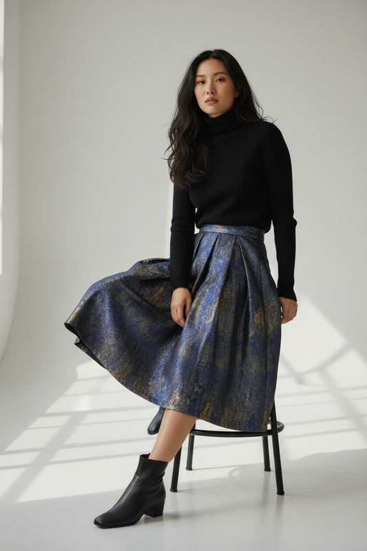 Women's Vintage Embroidered High-Waist Midi Puff Skirt-Slimming Hepburn-Style Skirt (SAW0022)