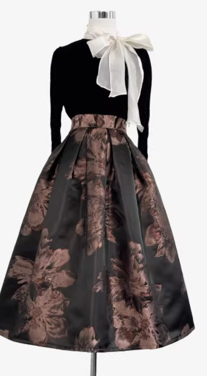 Luxury Satin Jacquard Midi Skirt-Original Design Autumn Elegant Skirt (SAW0023)