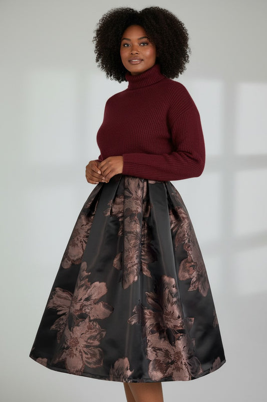 Luxury Satin Jacquard Midi Skirt-Original Design Autumn Elegant Skirt (SAW0023)