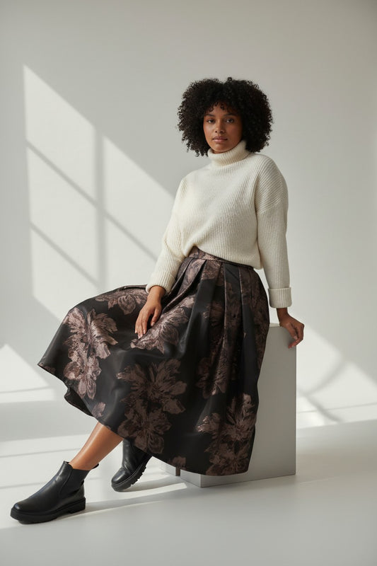 Luxury Satin Jacquard Midi Skirt-Original Design Autumn Elegant Skirt (SAW0023)