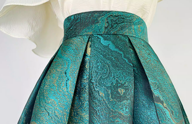 Women's Vintage Ink-Green High-Waist Puff Skirt-Printed A-Line Midi Skirt (SAW0024)