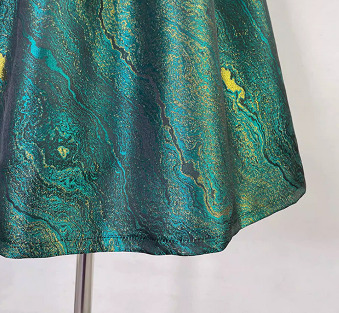 Women's Vintage Ink-Green High-Waist Puff Skirt-Printed A-Line Midi Skirt (SAW0024)