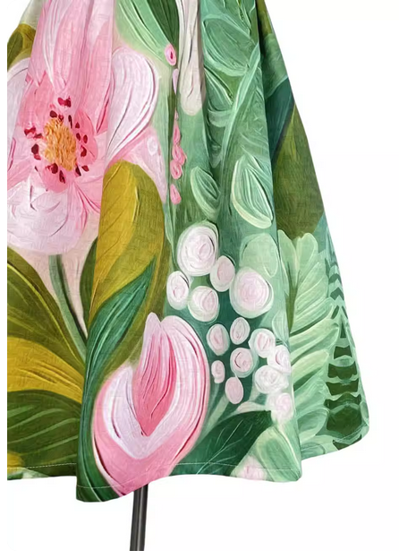 Polyester, lined, oil painting style, high-waisted, spring/summer midi skirt suitable for Spring and Summer. （SSS0010）