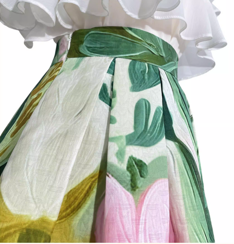 Polyester, lined, oil painting style, high-waisted, spring/summer midi skirt suitable for Spring and Summer. （SSS0010）