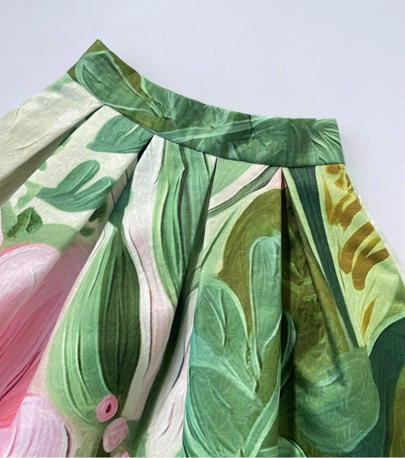 Polyester, lined, oil painting style, high-waisted, spring/summer midi skirt suitable for Spring and Summer. （SSS0010）