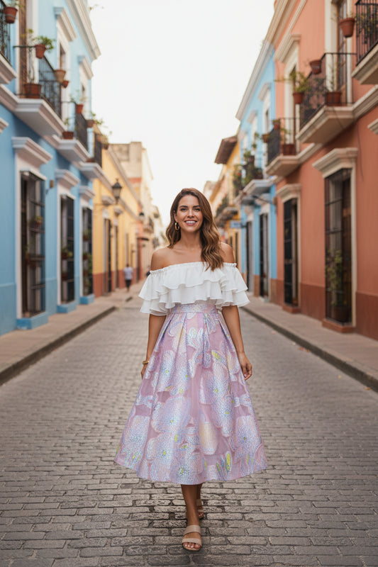 Polyester fiber, embroidered details, elegant, high-waisted, midi skirt，suitable for Spring. (SSS0012)