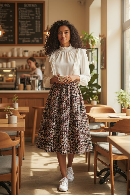 Pleated, embroidered, vintage-style, high-waisted skirt, perfect for autumn and winter. （SAW0009）