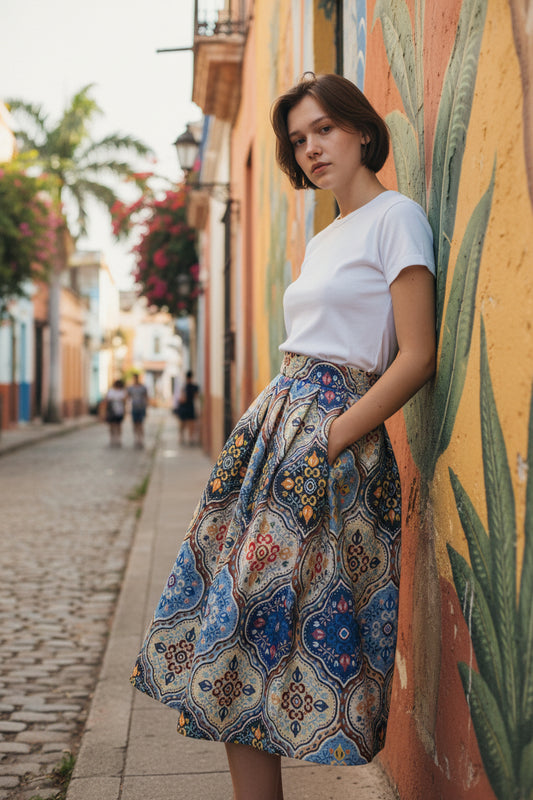 Floral pattern, high waist, polyester fabric, retro-style midi skirt, perfect for spring and summer. （SSS0007）