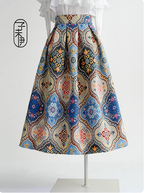 Floral pattern, high waist, polyester fabric, retro-style midi skirt, perfect for spring and summer. （SSS0007）