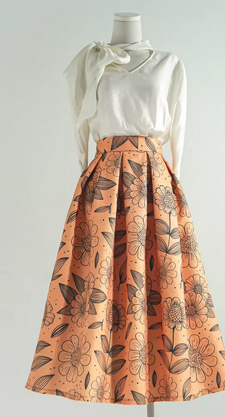 Printed design, high-waisted, polyester fabric, lined, with pockets and a zipper. Suitable for spring and summer. （SSS0006）