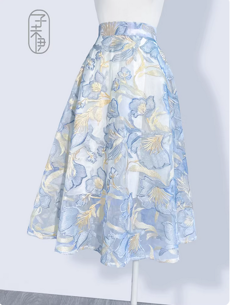 Lace A-line skirt with embroidery, made of polyester fabric, suitable for spring and summer. （SSS0005）